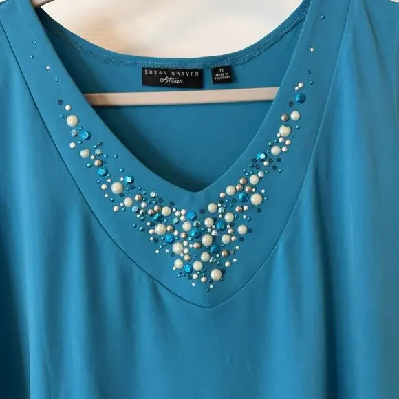 Susan Graver Tank Top Sz 1X Turquoise Blouse Beaded Sleeveless Liquid Knit EUC - Picture 2 of 8
